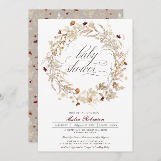 乾燥フローラ野草秋秋赤ちゃんシャワー 招待状 (正面/裏面)