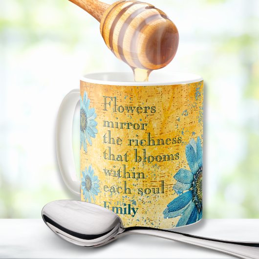 乾燥ブルーデイジーオンオークレサーフェス花引用文 コーヒーマグカップ