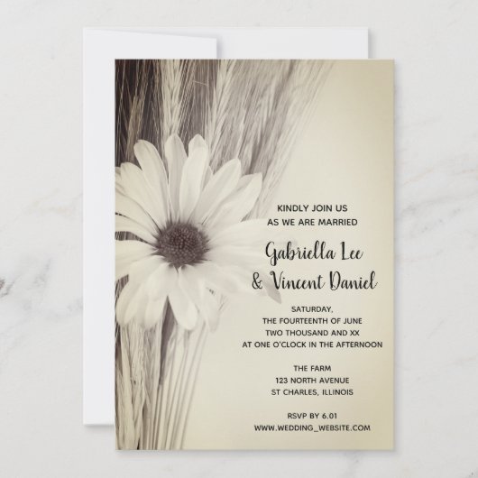 乾燥小麦とデイジーカントリーファーム結婚ズ 招待状 (正面)