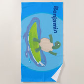 亀おもしろい波サーフィン ビーチタオル (正面)