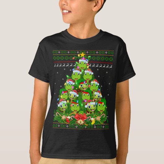 亀のクリスマス照明ツリーサンタタートル醜いキリスト Tシャツ (正面)