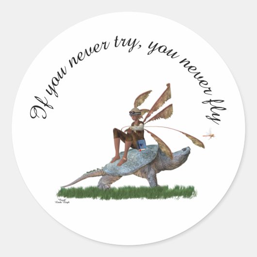 亀のステッカーに乗る男の子の妖精 ラウンドシール (正面)