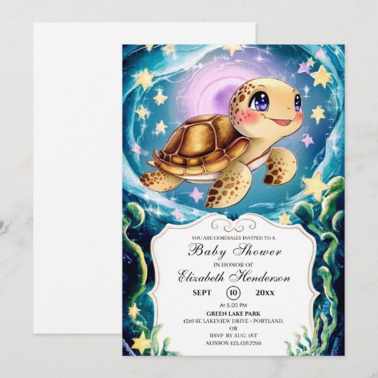 亀の赤ちゃんシャワー 招待状 (正面/裏面)