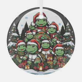 亀はクリスマスプレゼントに満足している ガラスオーナメント