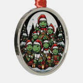 亀はクリスマスプレゼントに満足している メタルオーナメント (右)