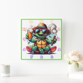 亀は飲み物と葉巻を楽しんで! スクエア壁時計 (ホーム)