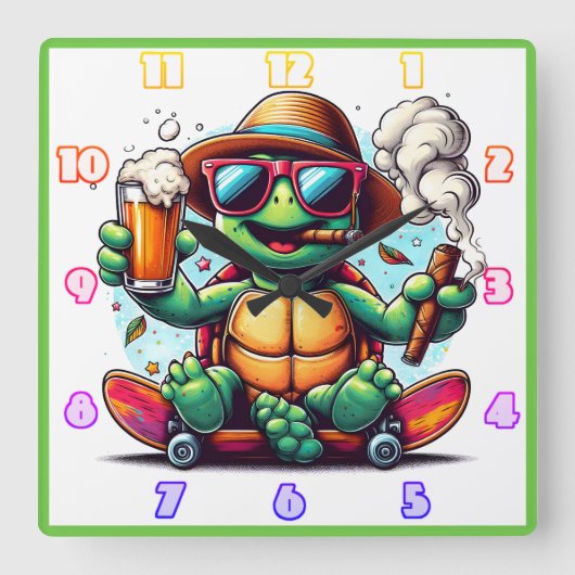 亀は飲み物と葉巻を楽しんで! スクエア壁時計 (正面)