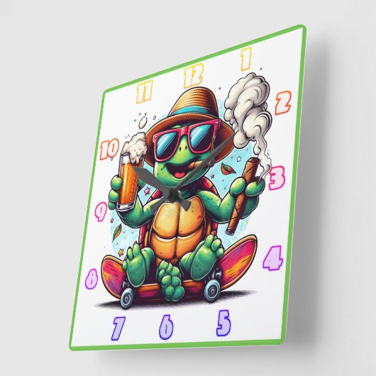 亀は飲み物と葉巻を楽しんで! スクエア壁時計 (傾斜)