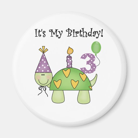 亀3歳の誕生日Tシャツとギフト マグネット (正面)