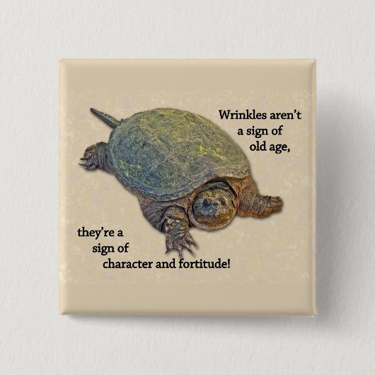亀(かめ)が老智(しんち)にしわを寄せる 缶バッジ (正面)