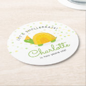 亀、緑の黄色、子供の誕生日 ラウンドペーパーコースター (アングル)