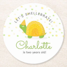 亀、緑の黄色、子供の誕生日 ラウンドペーパーコースター