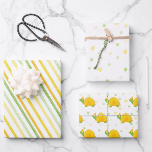 亀、緑の黄色、子供の誕生日 ラッピングペーパーシート (正面)