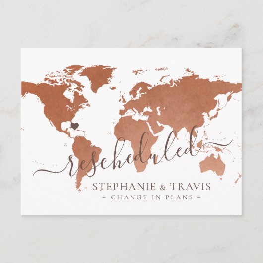 予定の変更が延期された目的地の結婚式 案内ポストカード (正面)