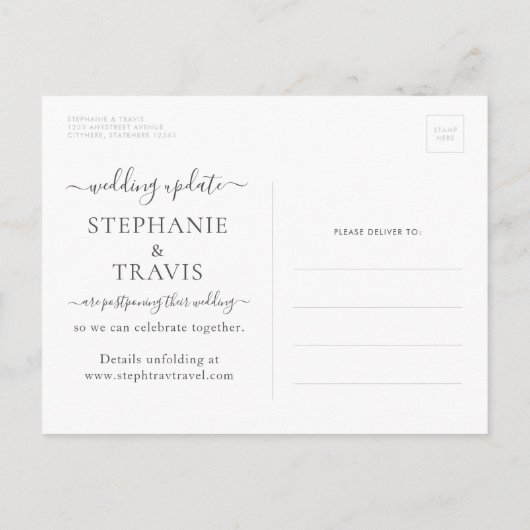 予定の変更が延期された行き先結婚式 案内ポストカード (裏面)