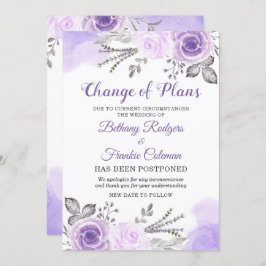 予定変更のお知らせ エレガントな紫の花 招待状