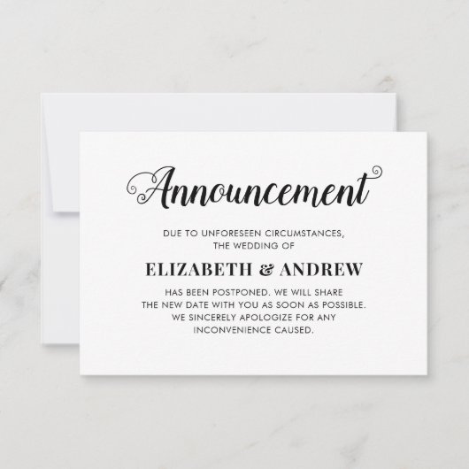 予定変更の再スケジュール結婚式モダンスクリプト 案内状 (正面)