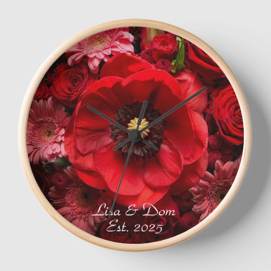 予期しない赤いフローラ パーソナライズされた 壁時計 (正面)