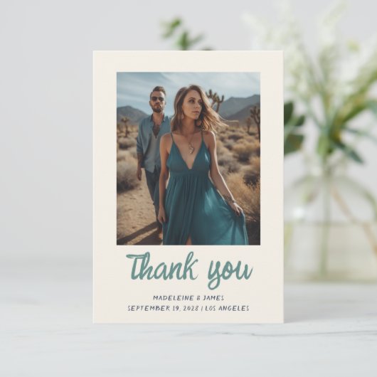 予測できなおもしろい緑の手書きスクリプ結婚トの写真 サンキューカード (スタンド正面)