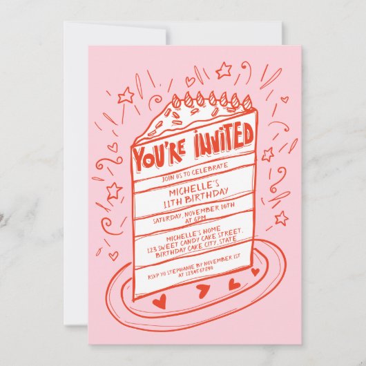 予測できなお洒落おもしろい手書きお誕生日ケーキ 招待状 (正面)