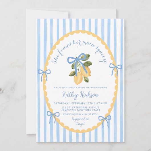 予測できなイラストレーションブルーボウレモンイタリアンブライダル 招待状 (正面)