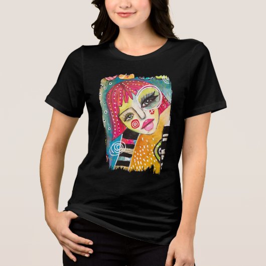 予測できなオリジナルカラフルアートガールピンクオレンジブルー トライブレンドTシャツ (正面)