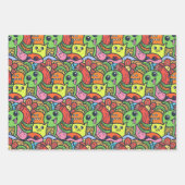 予測できなカラフルかわいいキャラクターパターン ラッピングペーパーシート (正面)