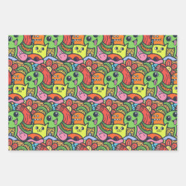 予測できなカラフルかわいいキャラクターパターン ラッピングペーパーシート