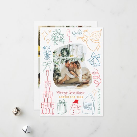 予測できなカラフルChristmas Photo Hand Drawn Doodle シーズンカード (正面/裏面インサイチュ)