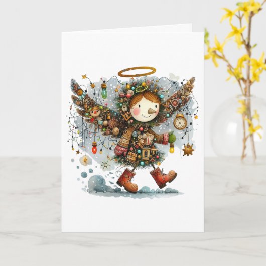 予測できなクリスマスエンジェルモダンフォークアートスタイル カード (黄色い花)