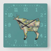 予測できなファンキーおもしろいカラフルヤギ動物アートグリーン スクエア壁時計 (正面)