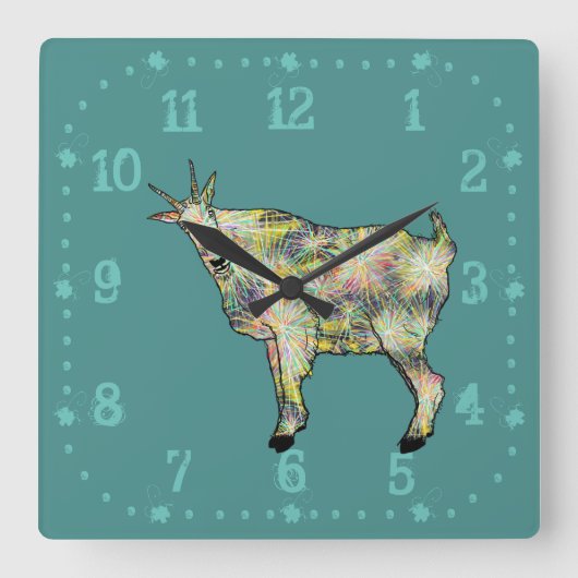 予測できなファンキーおもしろいカラフルヤギ動物アートグリーン スクエア壁時計 (正面)