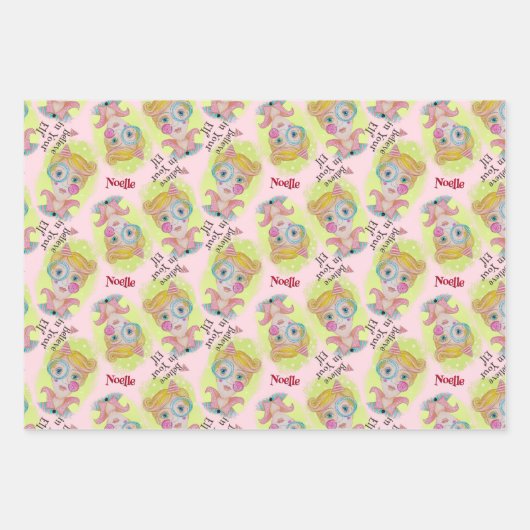 予測できなレトロクリスマス小妖精や小人ピンクレッドグリーン名を追加 ラッピングペーパーシート (正面)