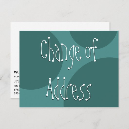 予測できな文字のティール(緑がかった色)円の新しいアドレスカード 招待状 (正面/裏面)