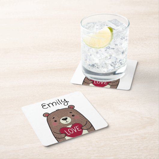 予測できな熊お洒落ハートスケッチ スクエアペーパーコースター (インサイチュ)