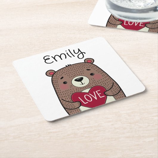 予測できな熊お洒落ハートスケッチ スクエアペーパーコースター (アングル)