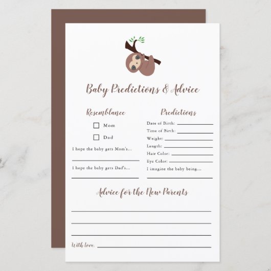 予測とアドバイスかわいいナマケモノ赤ちゃんシャワーゲーム (正面/裏面)