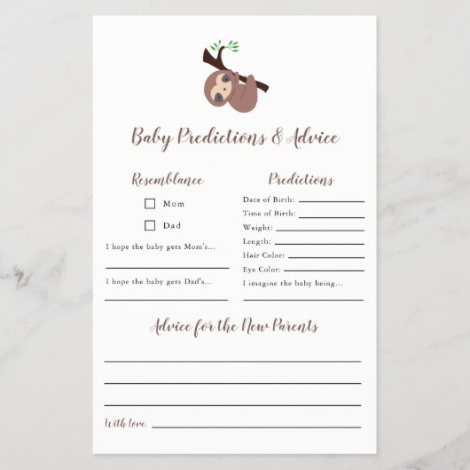 予測とアドバイスかわいいナマケモノ赤ちゃんシャワーゲーム チラシ (正面)