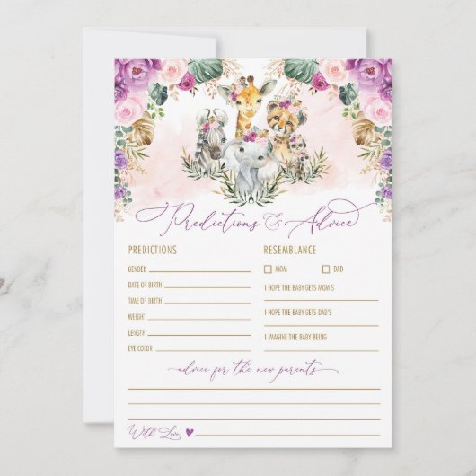 予測とアドバイスサファリ赤ちゃんシャワーゲームカード 招待状 (正面)