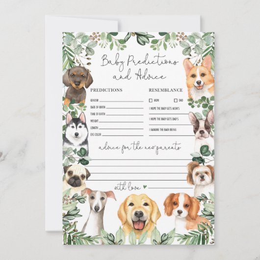 予測とアドバイスドッグベビーシャワーゲームカード 招待状 (正面)