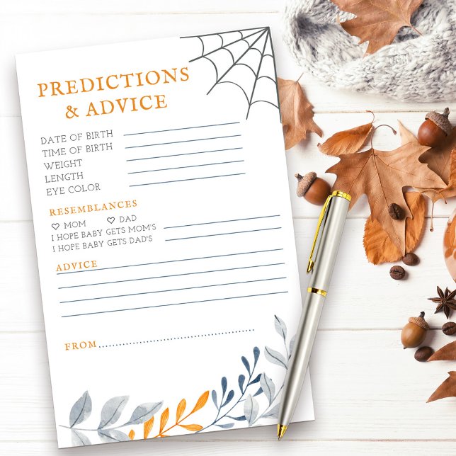 予測アドバイスハロウィーン赤ちゃんシャワー活動 (Predictions & Advice halloween themed baby shower activity with fall leaves and cobweb)