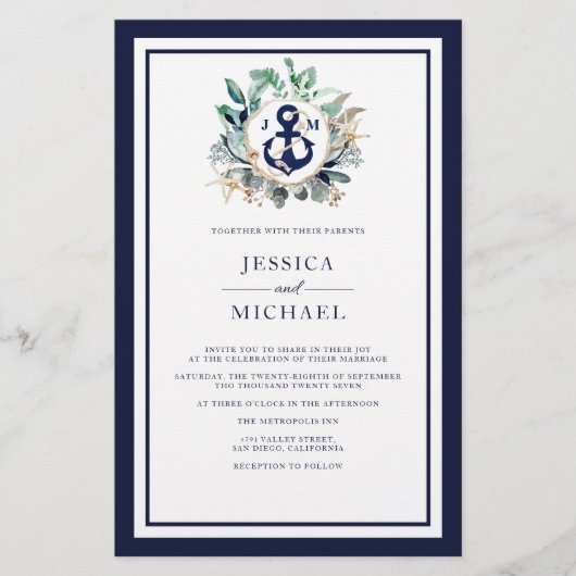 予算いかりグリーナリーネイビー結婚式招待状 (正面)