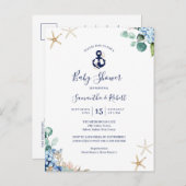 予算いかりブルー航海のフローラベビーシャワー インビテーションポストカード (正面/裏面)