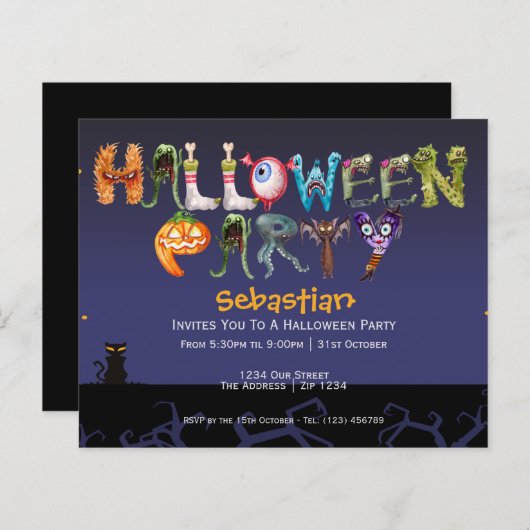 予算おもしろいハローウィンパーティ不気味タイポグラフィ (正面/裏面)