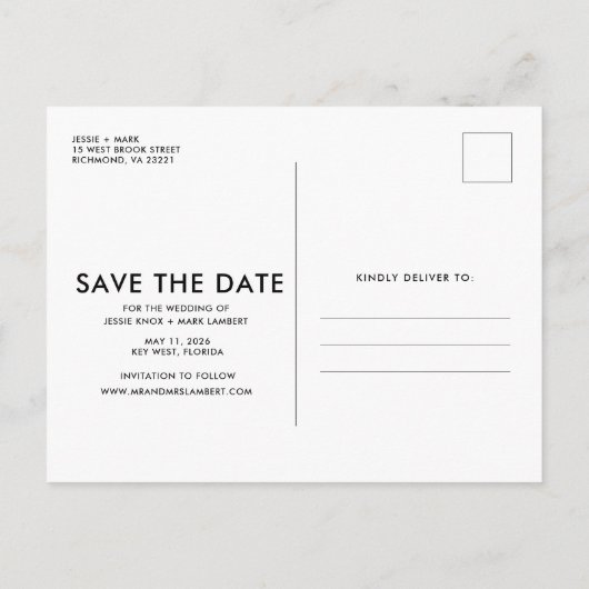 予算おもしろい写真結婚式の日付の保存 案内ポストカード (裏面)