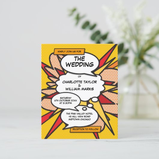 予算おもしろい幾何学的漫画ブック結婚式招待状 (スタンド正面)