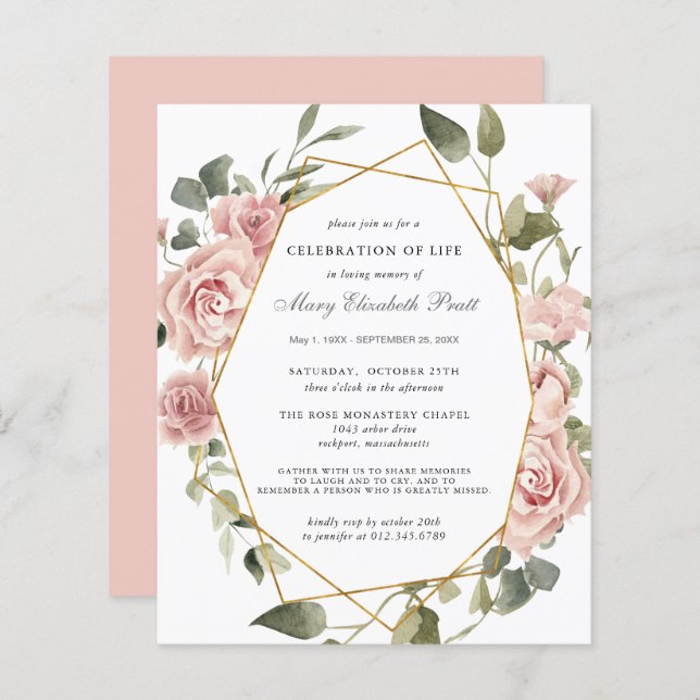 予算お祝いのライフピンクフローラ招待状 (正面/裏面)