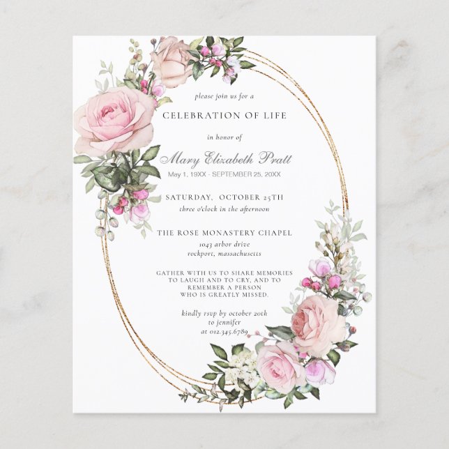 予算お祝いのライフピンクフローラ招待状 (正面)