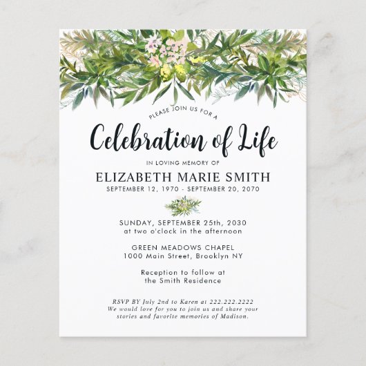 予算お祝いの生活の緑の葉の葬葬 チラシ (正面)