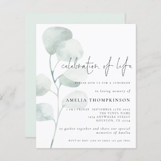 予算お祝いオブライフセージユーカリプタス招待状 (正面/裏面)